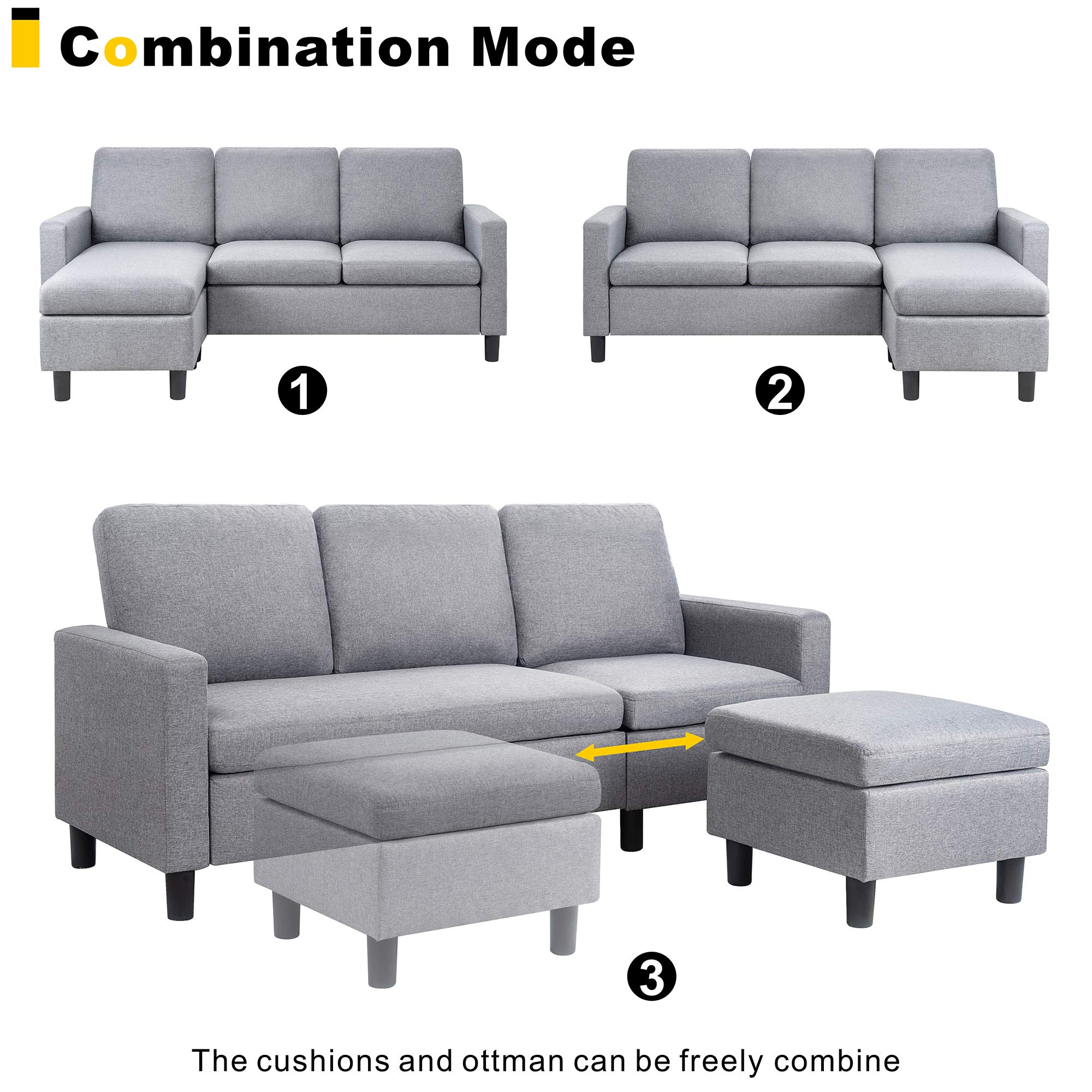 Walsunny Convertible Sectional Sofa Couch with Reversible Chaise, L
