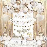 Birthday Decorations for Women, White Sand Beige Cream Neutral Gold Foil Balloons Table Cloth Sash Crown Curtains Happy Birthday Banner Golden Star Garland Butterfly Boho Party Supplies