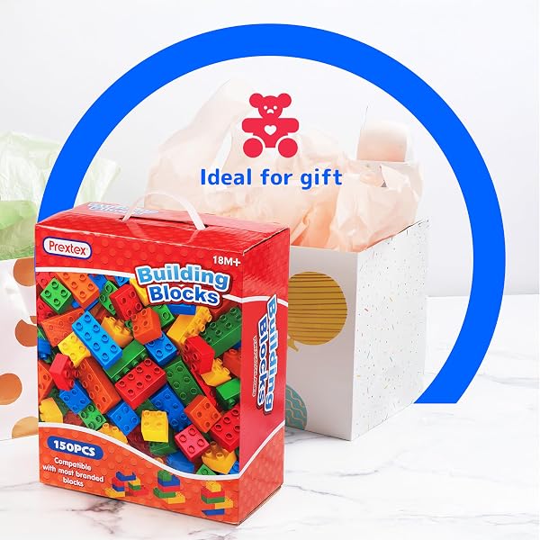 PREXTEX 150-PIECE BUILDING BLOCKS SET FOR KIDS – 5-COLOR BUILDING BRICKS FOR TODDLER DEVELOPMENT, CREATIVITY, AND MOTOR SKILLS – TOYS FOR BOYS AND GIRLS – COMPATIBLE WITH MAJOR BRANDS