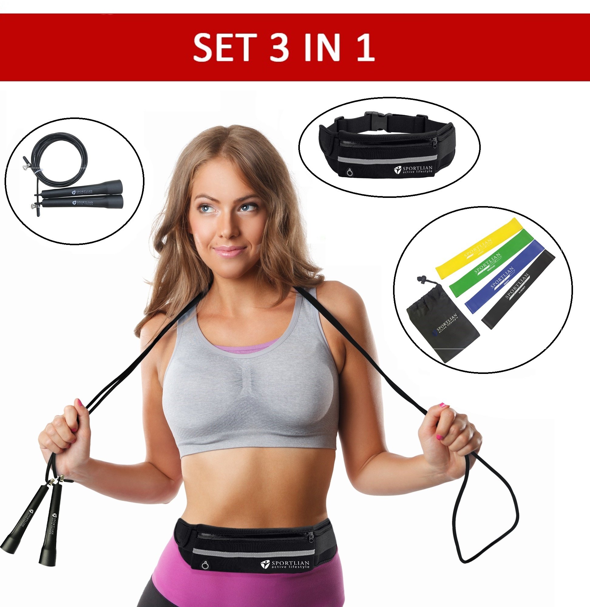 Sportlian Running Belt - Jump Rope - Resistance Bands - Set 3 in 1 for Men Women (Black)