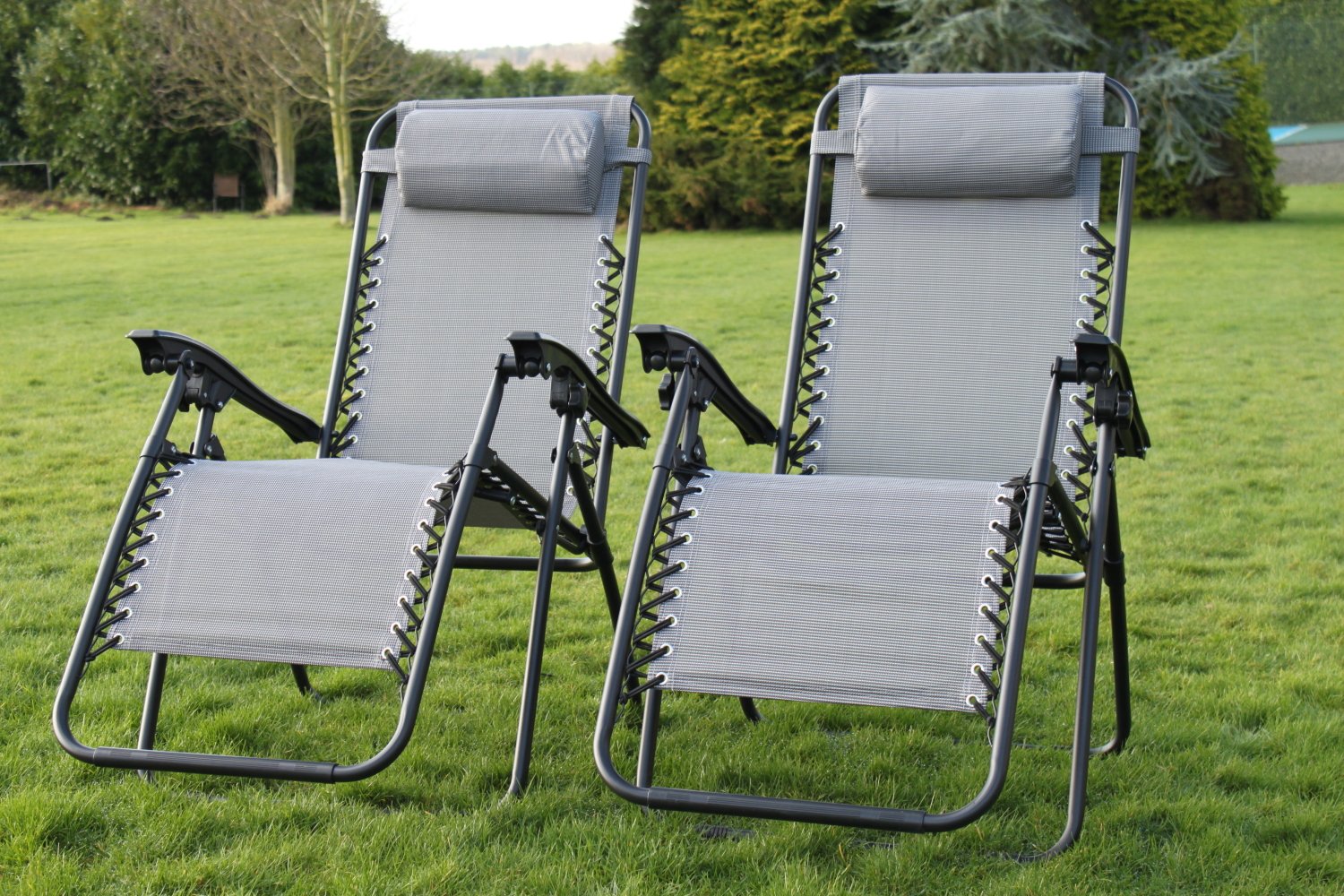 Garden SET OF 2 Garden Sun Lounger Relaxer Recliner Chairs in Grey Weatherproof Textoline Garden