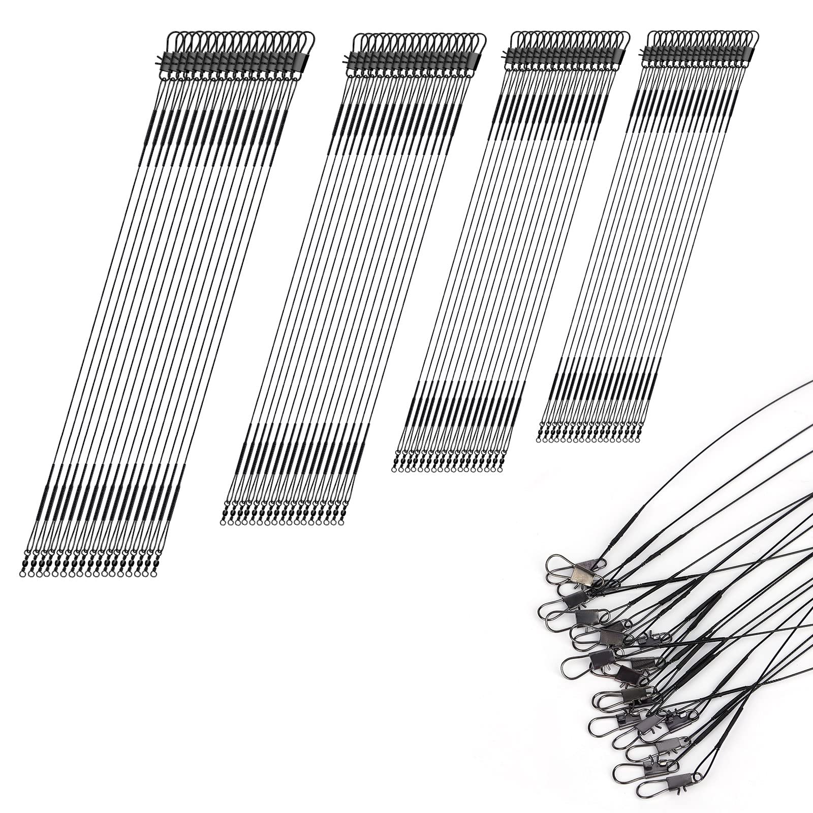 AIEX 80pcs Fishing Leaders, Stainless Steel Fishing Wire Leader Line with Catfishing Tackle Swivel Buckles for Saltwater and Freshwater Connecting Fishing Tackle Lure or Hook (Black)