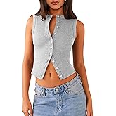 VOROFY Women's Button Down Tank Tops Cropped Ribbed Knit Summer Vest Sleeveless Slim Fit Y2K Going Out Tops