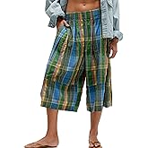 TERIVEEK Summer Boho Wide Leg Culotte Pants for Women Casual Loose Elastic Waisted Palazzo Trousers Plaid Capris with Pockets