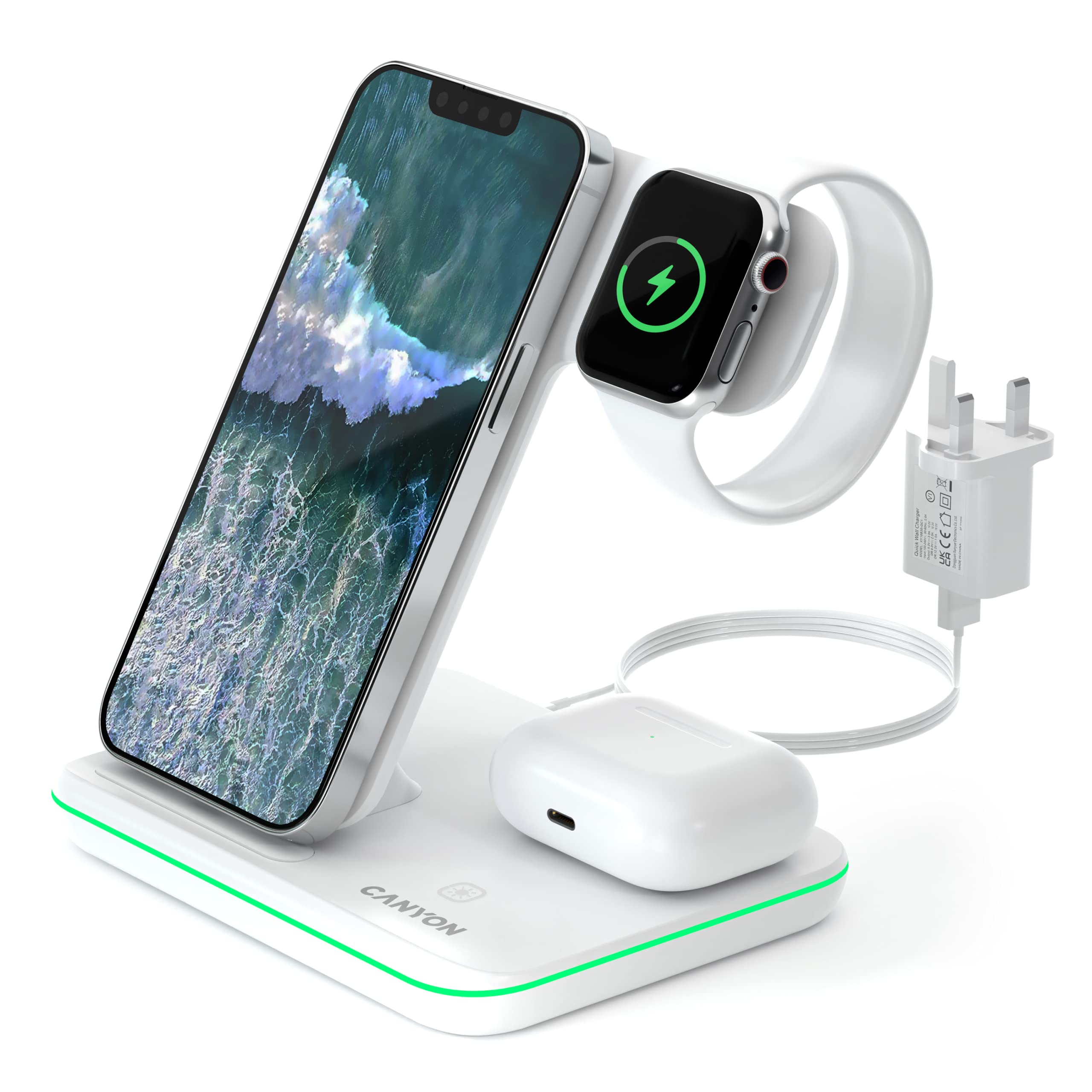 CANYON 3 in 1 Wireless Charging Station Apple Phone Watch and Airpods Charger Compatible with Apple Watch Airpods iPhone Wireless Charger for Qi Devices Adapter 18W Touch Control Backlight White