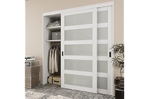 AINLARRY Paintable Sliding Closet Door 72" x 80", 5 Lite Frosted Tempered Glass Interior Sliding Door for Bedroom, Bypass Closet Panels with Hardware Set & Handles, Pre-Drilled Need to Assemble