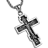 HZMAN Vintage Orthodox Cross Crucifix Stainless Steel Pendant Necklace 22+2 Inches Chain, Colour Silver Gold Black