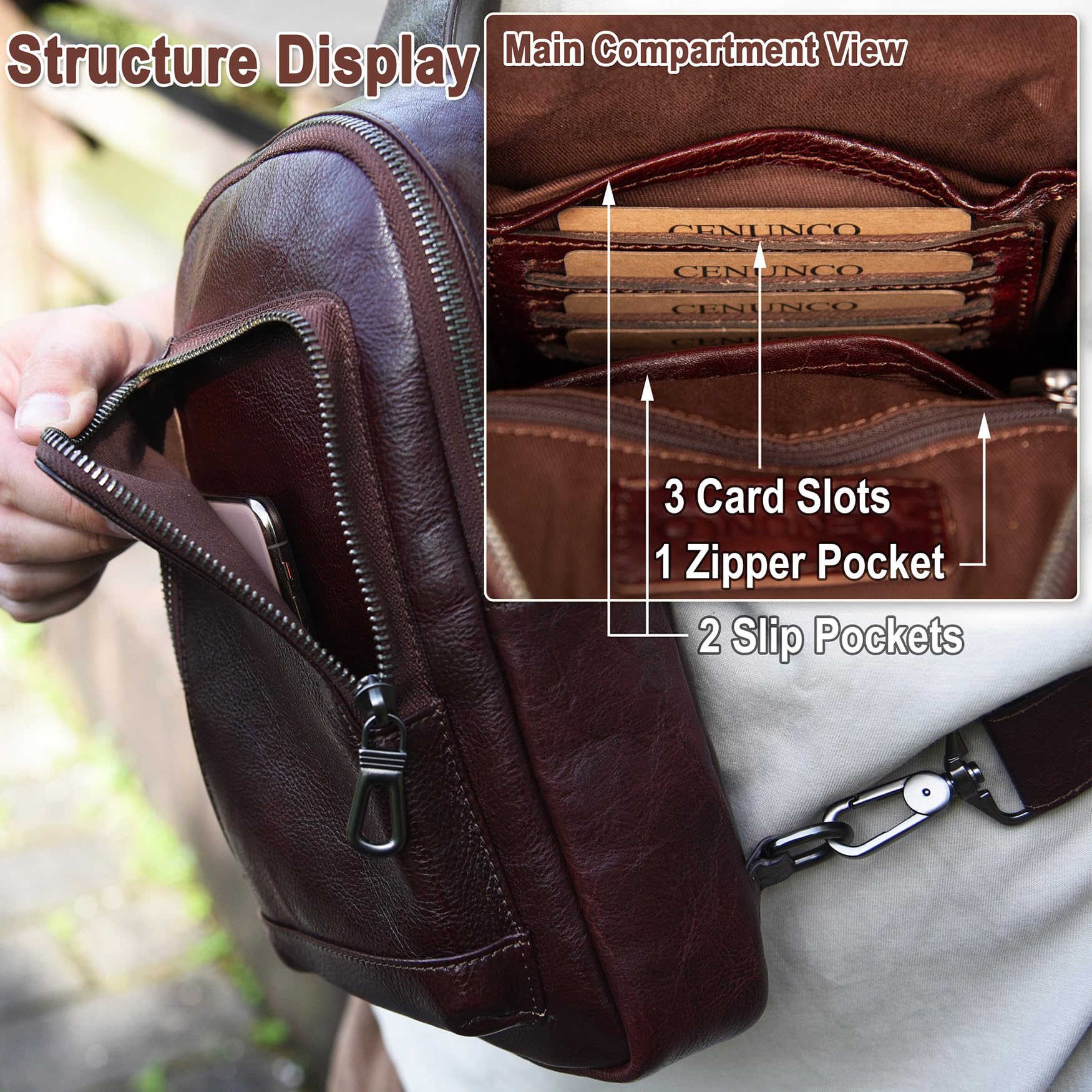 Condition photo showing New/Like New for cenunco genuine leather sling bag for men and women crossbody shoulder purse chest sling backpack ca