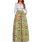 Afibi Women African Printed Maxi Skirt Flared Skirt A Line Long Skirts with Pockets S-5XL