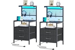 TRIFEBLE Tall Nightstand Set of 2 with Charging Station and LED Lights, Night Stand with Fabric Drawers, Bedside Table 36.4 Inch with Storage Shelves, Side Table, Mesh Shelves with Hooks, Black