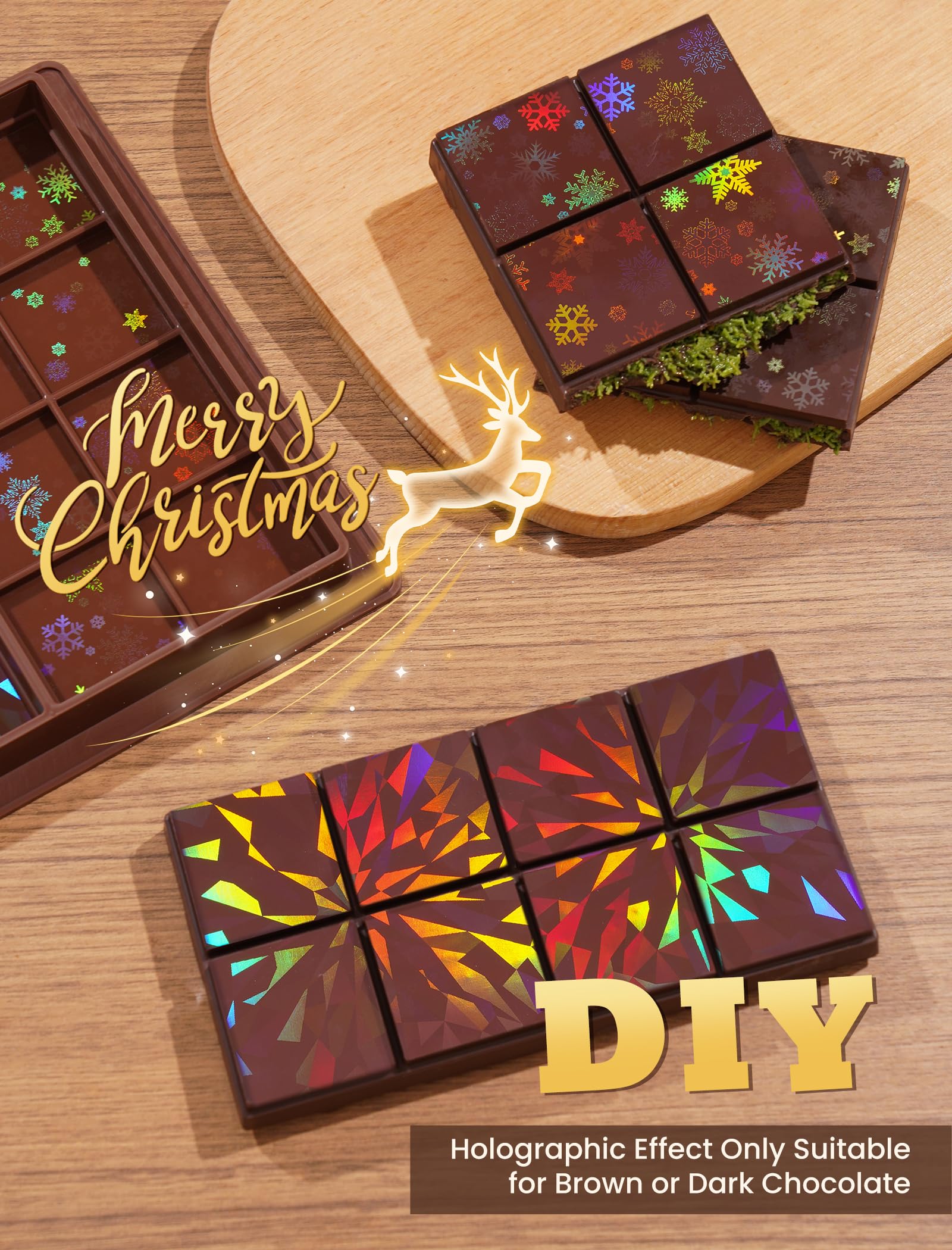 NiHome 0.67 Inch Holographic Dubai Chocolate Molds, Silicone Chocolate Bar Mold for Black Chocolate, Dishwasher Safe & Wall Hanging, Christmas Valentine Gift (Snowflake and Firework Patterns)