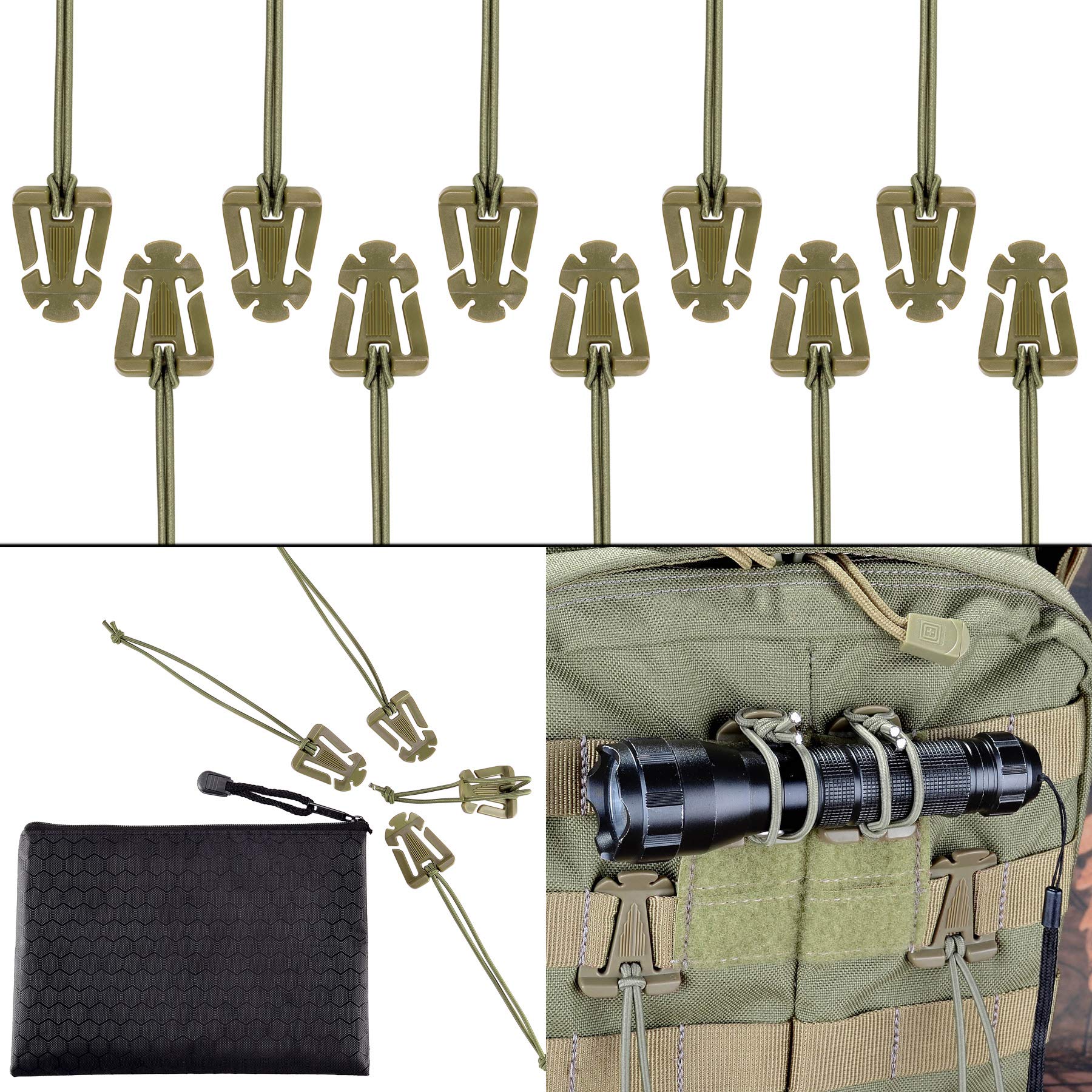 BOOSTEADY Pack of 10 Tactical Gear Clip Molle Web Dominators for Outdoor Hydration Tube Backpack Straps Management with Zippered Pouch