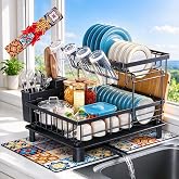 IMXSUMDA 2 Tier Large Detachable Dish Drying Rack for Kitchen Counter,Black | Compact Drying Rack Kitchen, Rust-Resistant Dish Drainer Organizer, Space-Saving Dish Racks with Drainboard, Utensil Holder