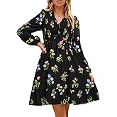 Simplee Womens 2025 Long Sleeve Babydoll Mini Dress Smocked Floral Fall Flowy Casual Short Dresses with Pockets