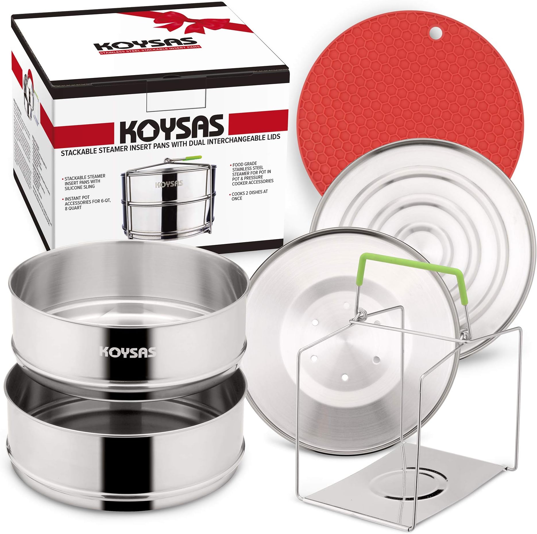 KOYSAS Stackable Steamer Insert Pans Compatible with Instant Pot - Safety Handle Sling – 6, 8 Qt - Stainless Steel Food Grade Stacking Pots – Two Interchangeable Lids - Gift Quality Packaging