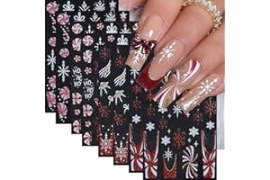 SHUXILIN 8 Sheets Red Christmas Nail Art Stickers Pink White Red Glitter Snowflake Nail Decals 3D Self-Adhesive Xmas Tree Winter Nail Design Gift Box Bow Nail Supplies Winter New Year Nail Decor for Women