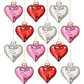 12Pcs Valentine’s Day Glass Heart Ornaments, Pink Red Silver Hanging Hearts for Tree, Glass Heart Decorations for Valentines Tree Decor, Romantic Home Decor and Holiday Party Ornaments