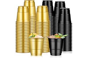 Dualshine 100 Pack 2oz Black and Gold Graduation Plastic Shot Glasses Disposable, Mini Disposable Shot Cups for Parties Weddings Beer Taste Serving Snack Sample Tastings Barbecues Picnic
