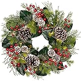 Christmas Wreath 20 Inch Outdoor Artificial Christmas Wreath with Red Berries and Flocked Pine Cones Xmas Wreath for Front Door Winter Holiday Christmas Party Decorations