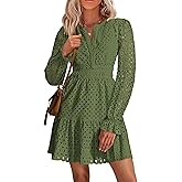 PRETTYGARDEN Women's 2025 Long Sleeve Mini Dress Eyelet V Neck A Line Casual Elegant Holiday Wedding Guest Party Dresses