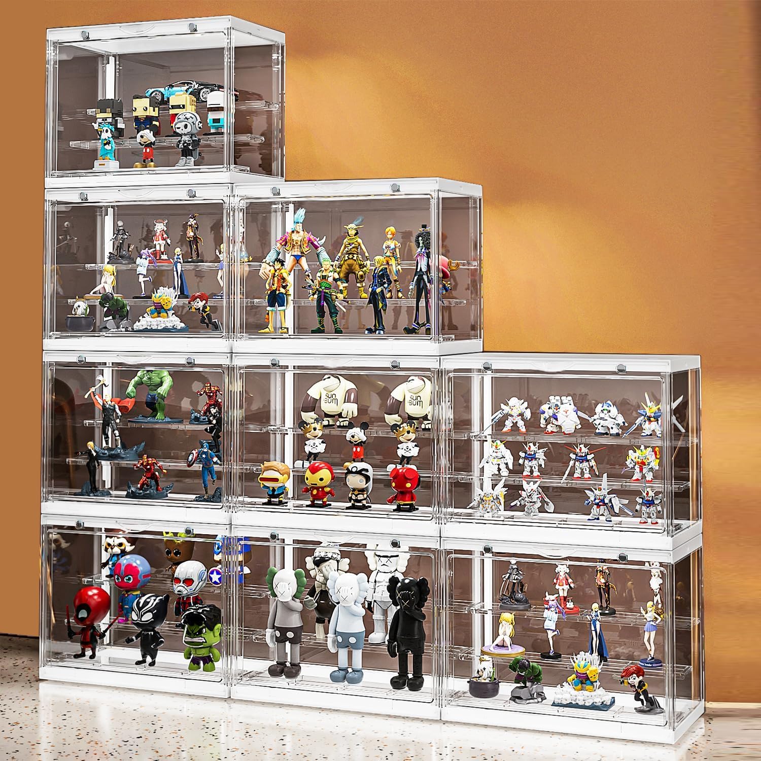 Youabubu フィギュア 棚 フィギュアケース uvカット アクリル 8個セット 収納 コレクションケース 積み重ね可能 開閉 マグネット式扉 フィギュア ショーケース フィギュアラック 組み立て式 防水防塵 幅30×奥17×高さ23cm ホワイト (8, S) の商品画像