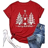 Christmas Tree Shirt for Women Merry Christmas Printed T-Shirts Short Sleeve Holiday Tee Xmas Gift Tops