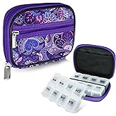 Serfeymi Weekly Travel Pill Organizer Pill Case for Purse with Removable 7 Day Pill Box, Fashionable Travel Medicine Organizer Pill Container for Medicine, Vitamin, Supplement - Purple 01 + Pill Box