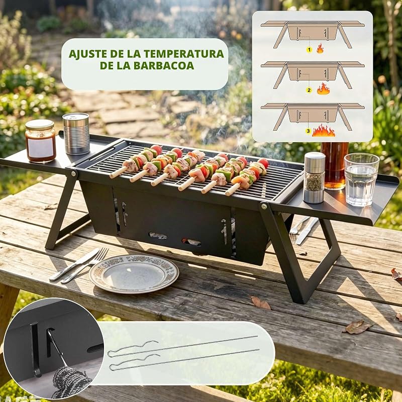 Grelhador portátil a carvão de mesa, mini churrasco dobrável instantâneo com controlo de calor de 3 níveis para campismo e jardim
