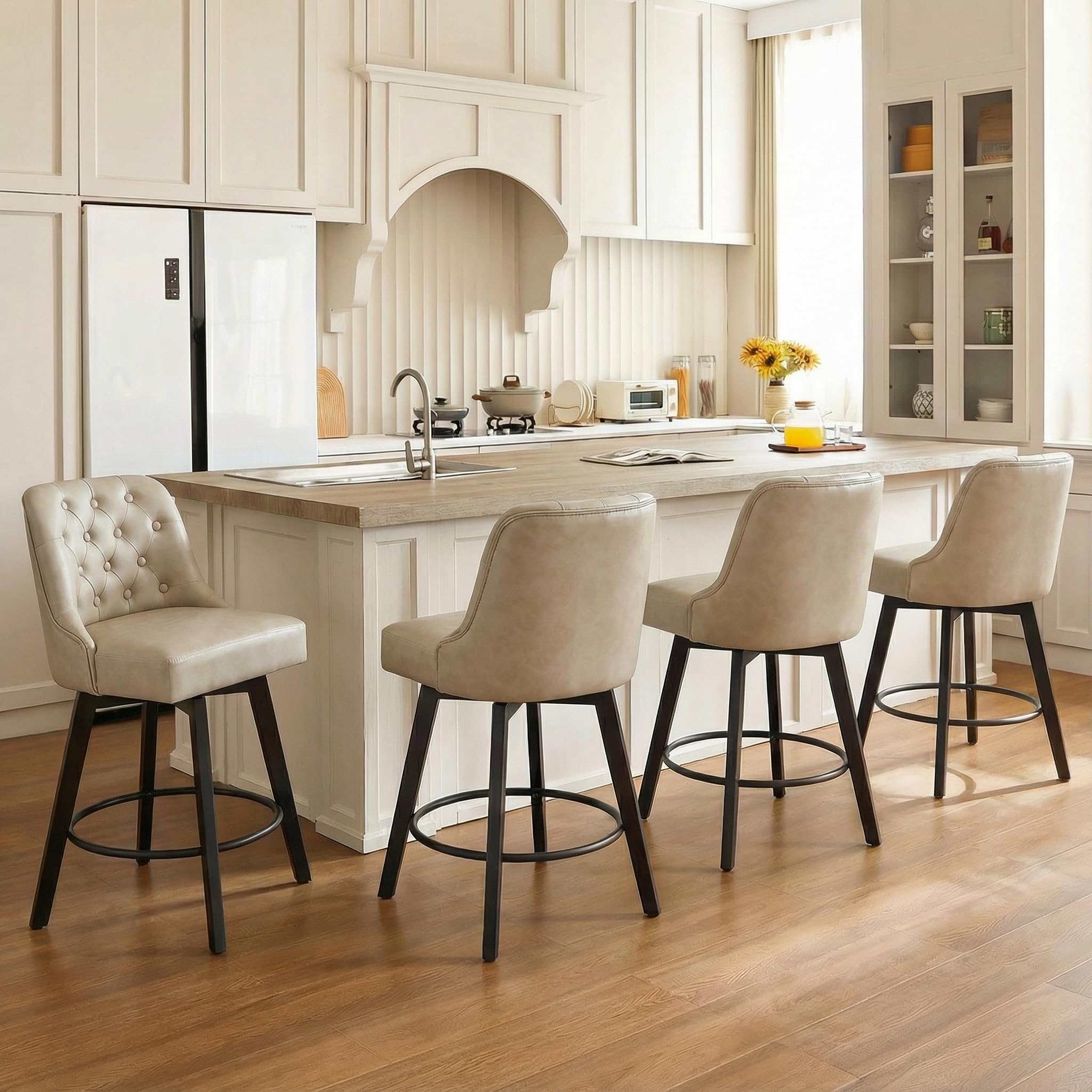 Photo 1 of ** ONLY TWO **** KISLOT Counter Height Swivel Barstools with Back,26" H Seat Height Upholstered Bar Stools for Kitchen Island,Set of 4,Beige Leather
