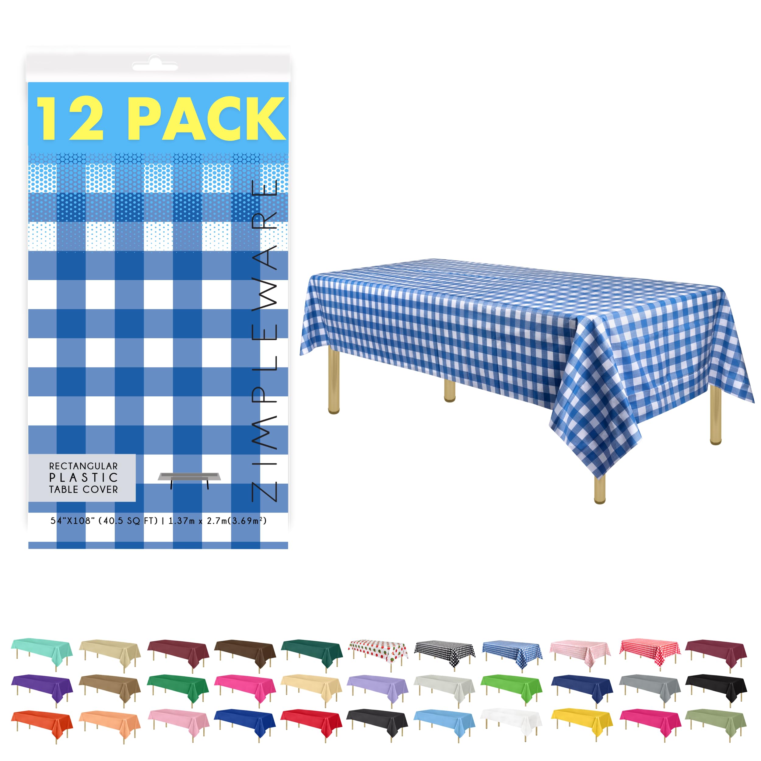 ZIMPLEWARE Premium Blue Gingham Checkered Plastic Table Cloth Disposable (12 Pk) Plastic Tablecloths for Rectangle Tables (54in x 108in) Party Table Cloths Disposable for 6ft to 8ft Rectangle Tables