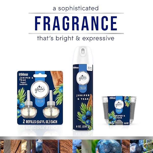 GLADE CANDLE JUNIPER & TEAK, FRESH COLLECTION, FRAGRANCE CANDLE INFUSED WITH ESSENTIAL OILS, AIR FRESHENER CANDLE, 3-WICK CANDLE, 6.8 OZ