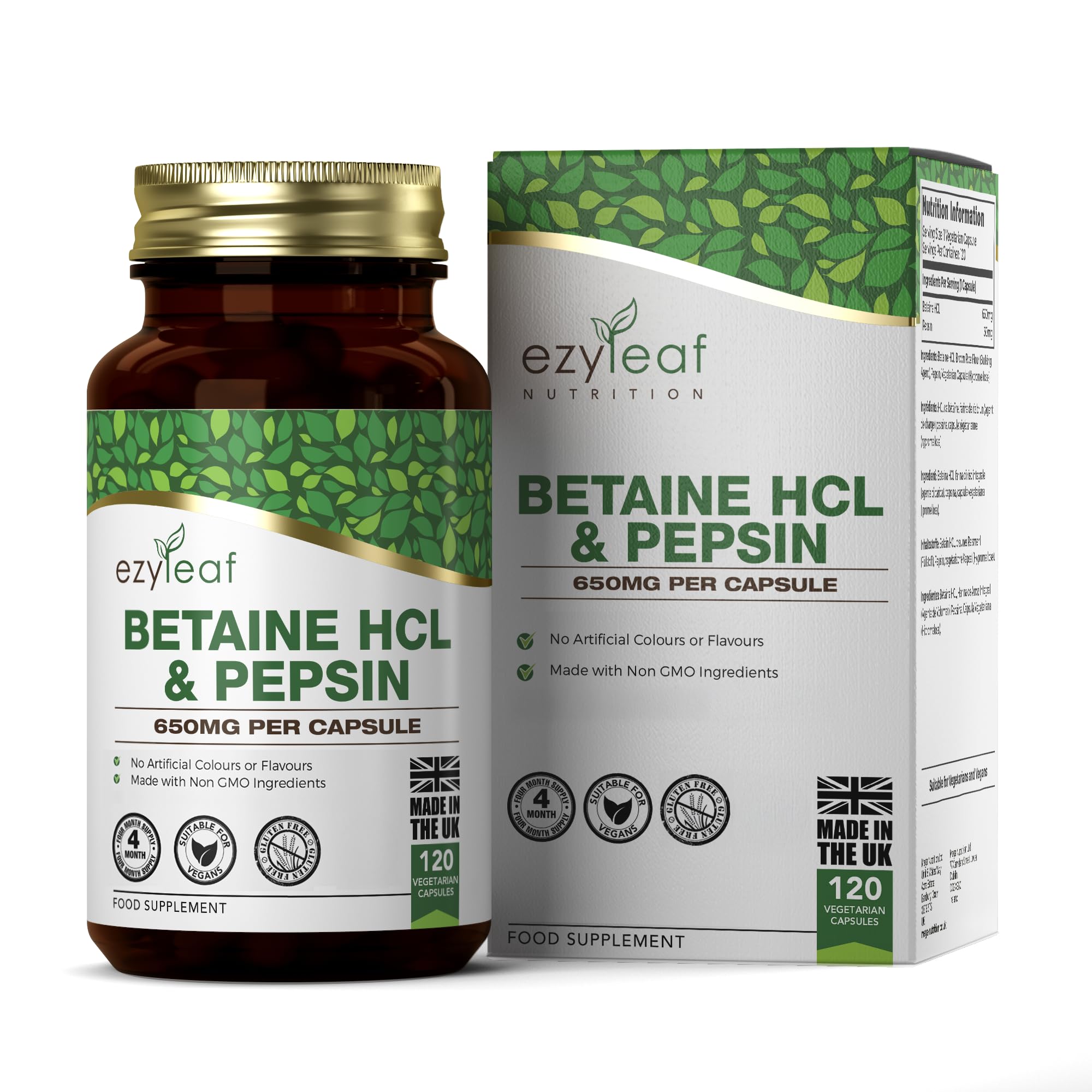 Ezyleaf Betaine HCL with Pepsin 650mg | 120 Vegan Capsules | Betaine Hydrochloride with Pepsin | Digestive Enzyme Supplements | No Artificial Ingredients | ISO Certified, Gluten Free Non-GMO | UK Made