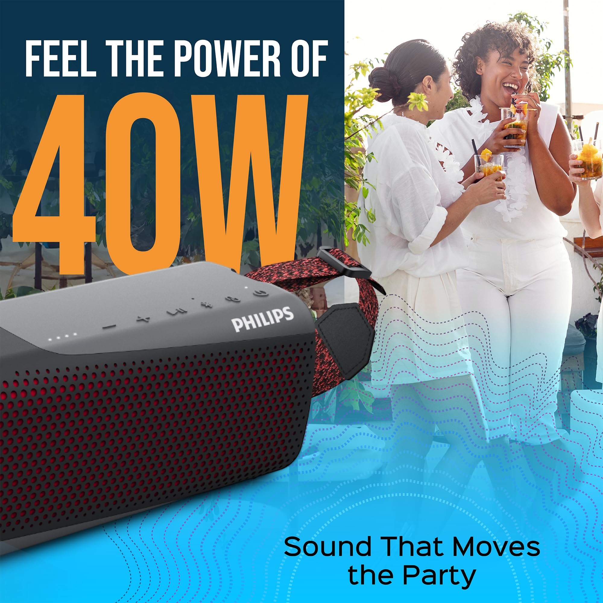 Philips S7807 Wireless Bluetooth Speaker, 7000 Series - 40W Output, IP67 Waterproof, 24-Hour Playtime, Portable with Built-in Microphone, Voice Assistant, USB-C, and Power Bank, Black
