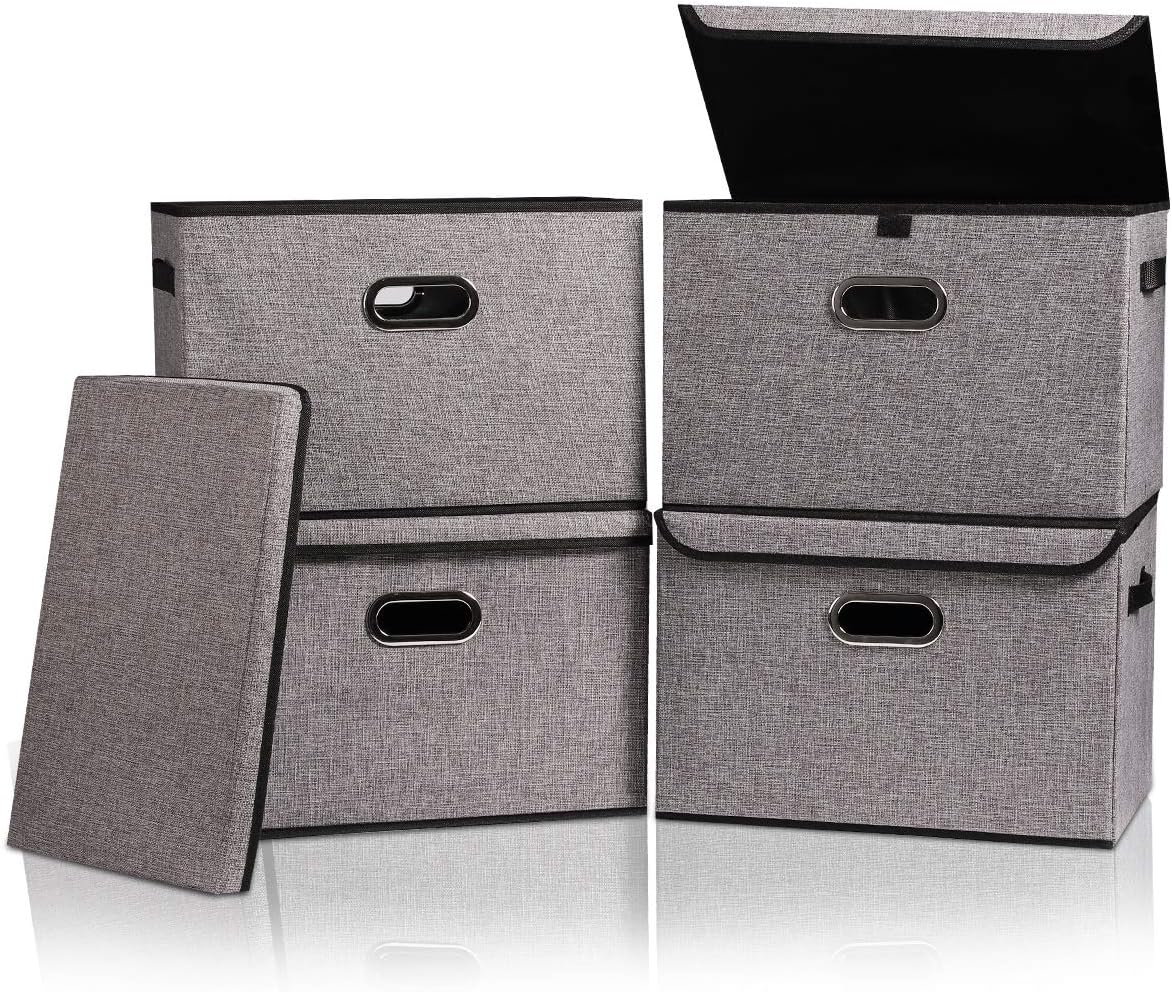Large Foldable Storage Boxes Container Storage Bins with Lids [4pack] Large Odorless Linen Fabric Storage Organizers Cube with Metal Handles for Office, Bedroom, Closet, Toys