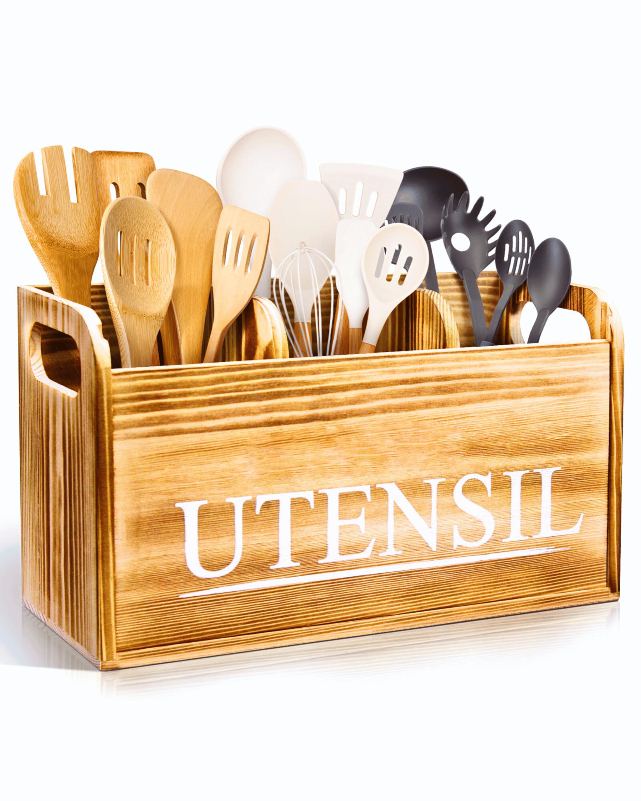 brekle Kitchen Utensil Holder Rustic Large Wooden Utensil Organizer Cooking Tools Storage (Farmhouse Wooden)