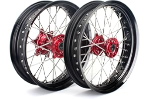 TARAZON 17" & 17" Supermoto Complete Wheel Set Red Hubs Black Rims for Honda CRF250R 04-13 CRF450R 02-12 CRF250X 04-16 CRF450X 04-16 CR125R CR250R 02-13 Front and Rear wheels