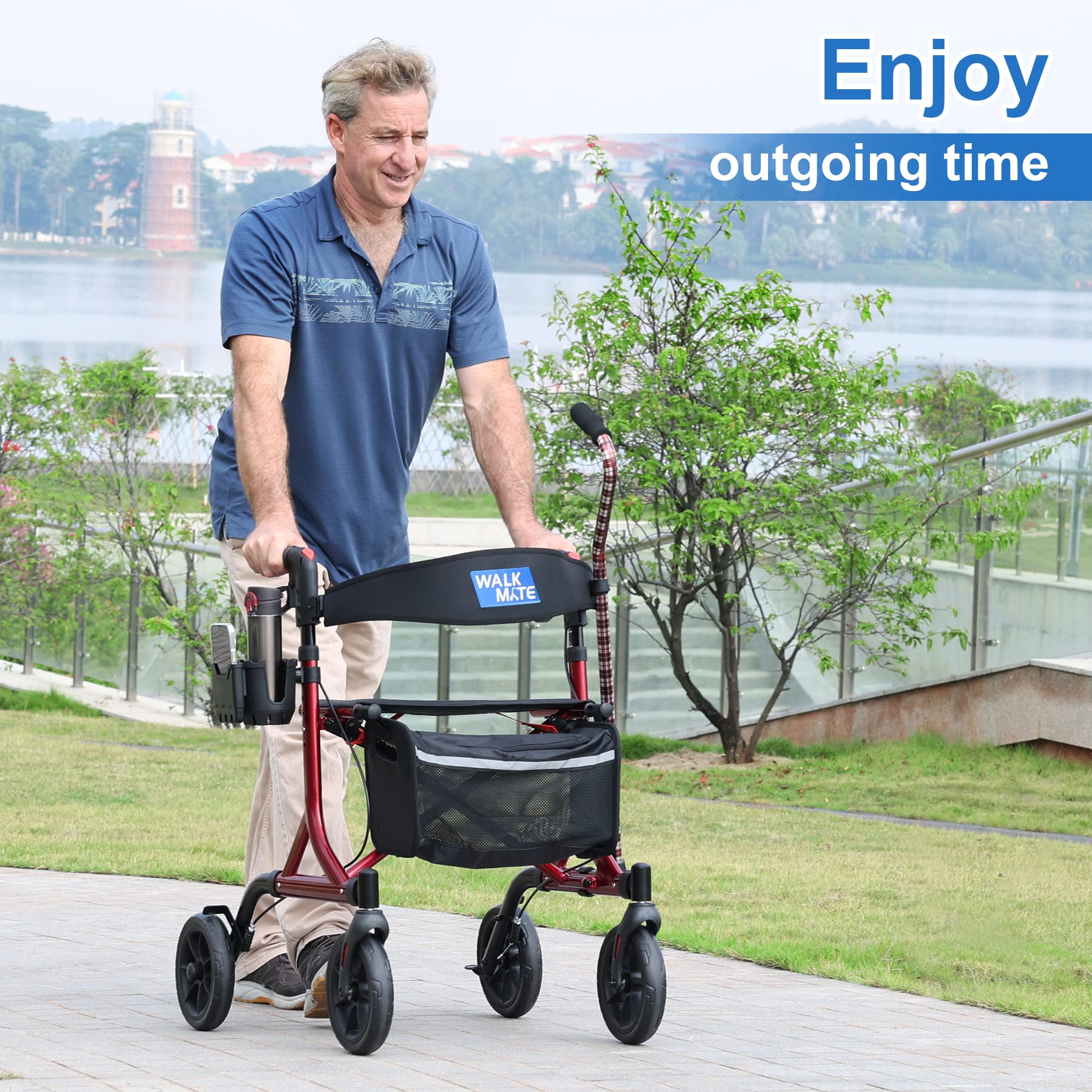 WALK MATE Rollator Walker for Seniors with Cup Holder, Upgraded Thumb Press Button for Height Adjustment, 4 x 8 Wheels Walker with Seat Padded Backrest Folding Lightweight Walking Aid, Red