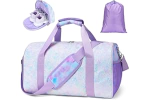 BrainyBees Dance Bag for Girls - Kids Duffle Bag with Shoe Compartment, Waterproof Ballet Gymnastics Overnight Bag with Dry/Wet Pockets(Tie-Dye Purple)