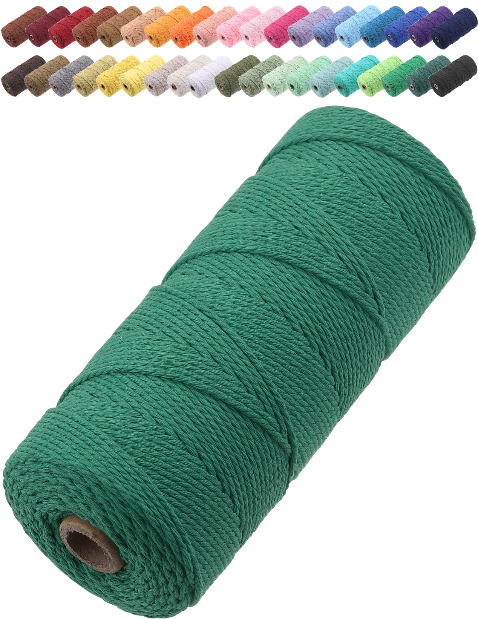 GOHOF Macrame Cord 2mm x 205m Premium Cotton Macrame Rope, 3 Strand Twisted Soft Cotton Cord, One of The Most Perfect Materials for Macrame Art, Cotton String Without Chemicals (Dark Green)