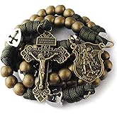 HanlinCC Large and Heavy Antique Bronze Metal Beads Rugged Durable Paracord Rosary Necklace with St.Michael Center Piece and Pardon Crucifix for Men