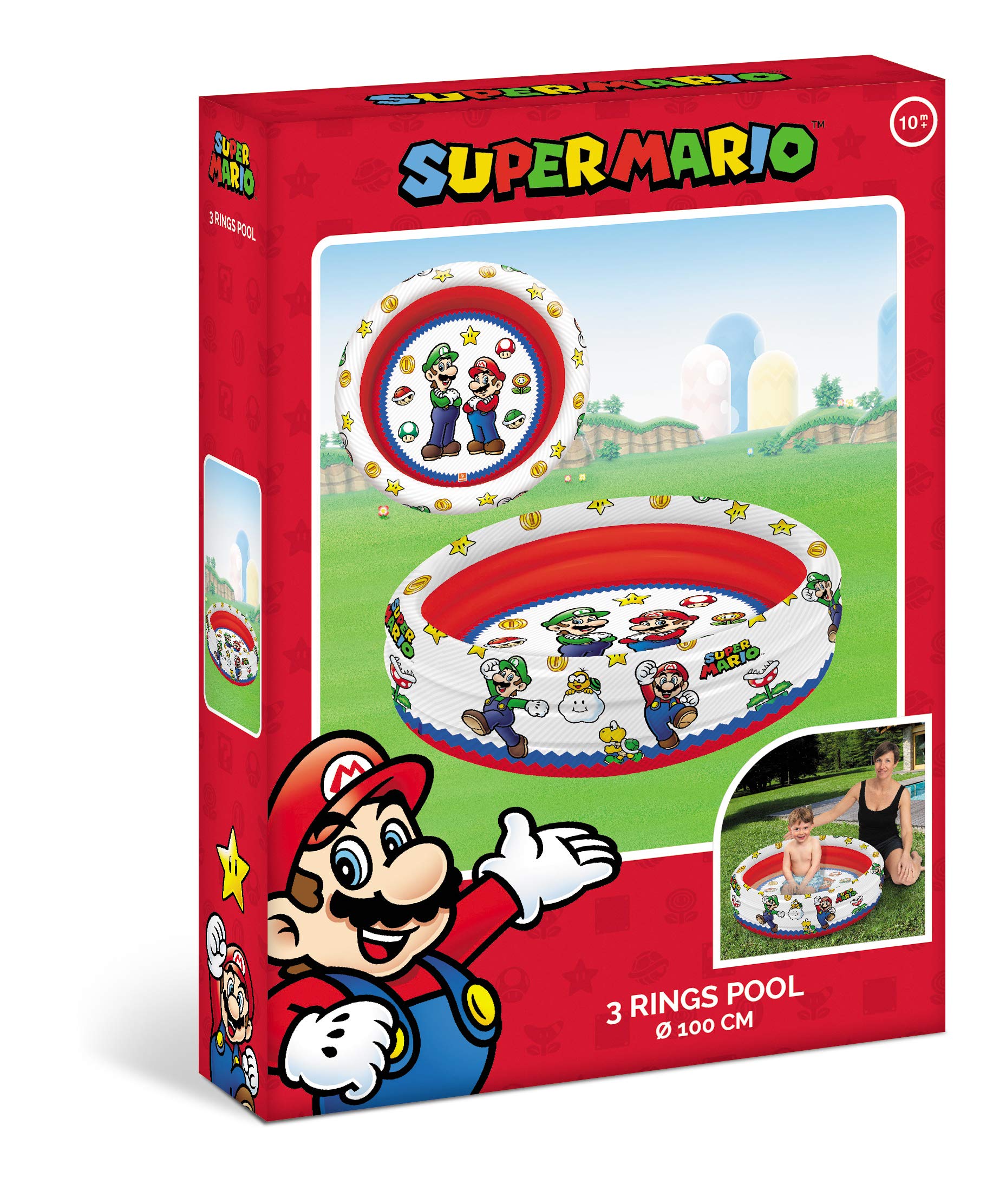 Mondo Brothers Toys-Super Mario | 3 Rings Pool - Inflatable Pool for Children 3 Rings - Diameter 100 cm - Capacity 84 Litres -16892, Multicoloured