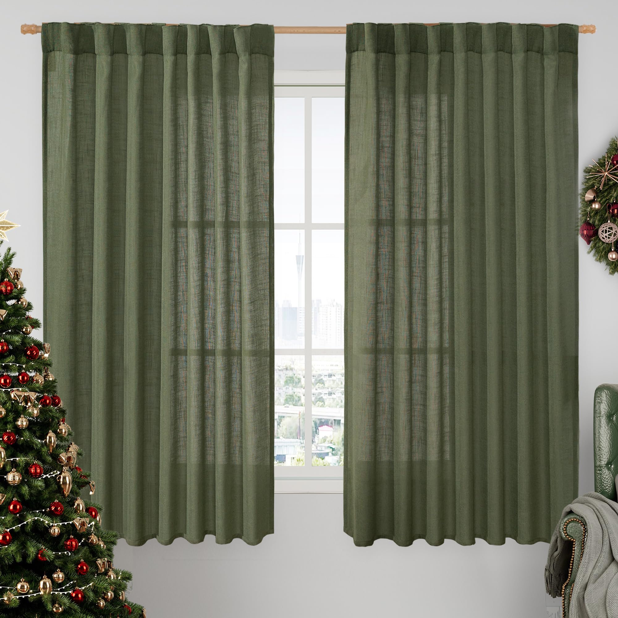 LAMIT Light Filtering Linen Curtains 63 inches Long for Bedroom, Linen Textured Semi Sheer Back Tab and Rod Pocket Olive Green Boho Christmas Drapes for Living Room, 2 Panels, 60 x 63 Inch Image