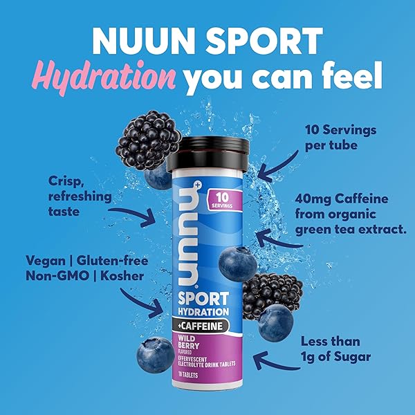 NUUN SPORT + CAFFEINE ELECTROLYTE TABLETS – DISSOLVABLE IN WATER, WILD BERRY FLAVOR, 5 ESSENTIAL ELECTROLYTES FOR HYDRATION, 1G SUGAR DRINK MIX, VEGAN, NON-GMO, 8 PACK (80 TOTAL SERVINGS)