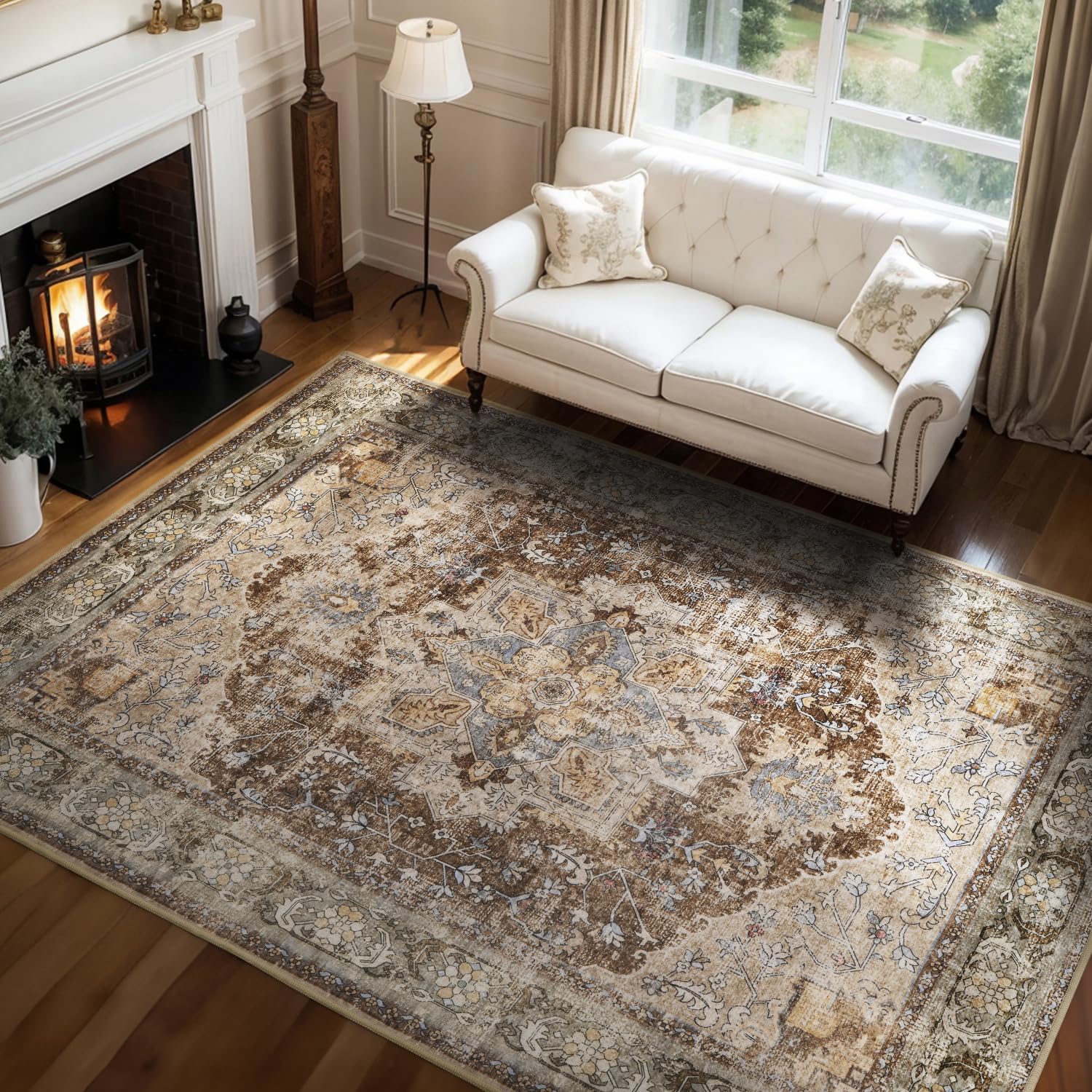 Photo 1 of Sepia Brown Washable 5x7 Area Rugs for Living Room Rug Bedroom Rug-Carpet Neutral Vintage Traditional Dining Room Rugs Office Soft Comfortable Non Slip