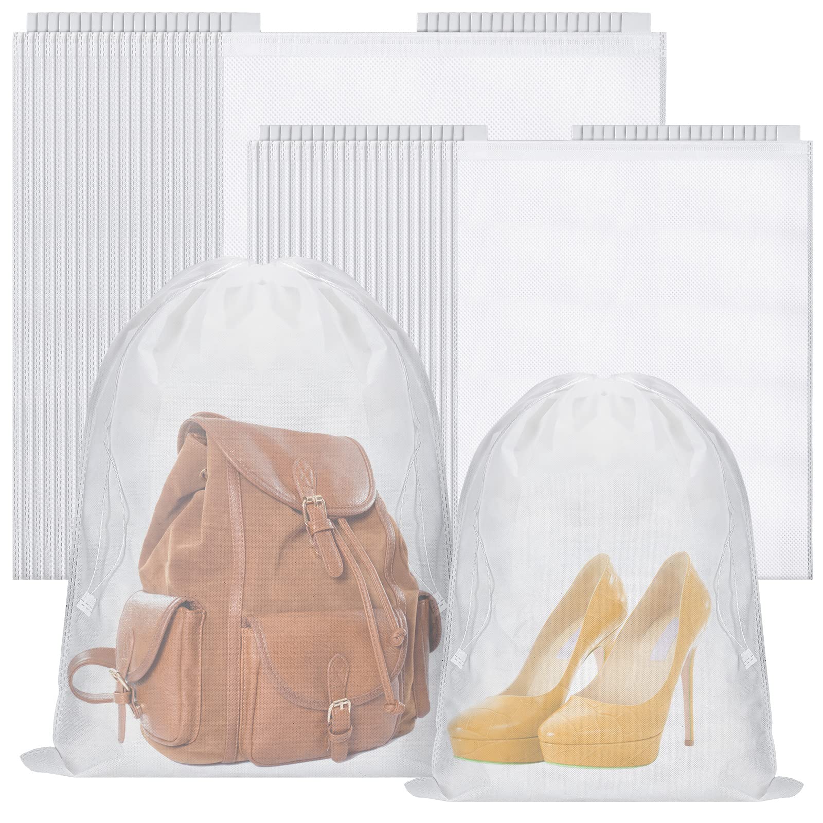 Photo 1 of Woanger 40 Pcs Dust Proof Drawstring Purse Storage Bag Breathable Non Woven Fabric Shoe Bag Dust Bags for Handbags Nonwoven Cloth Storage Pouch Cover for Shoe Boots Purse Travel Organizer, White