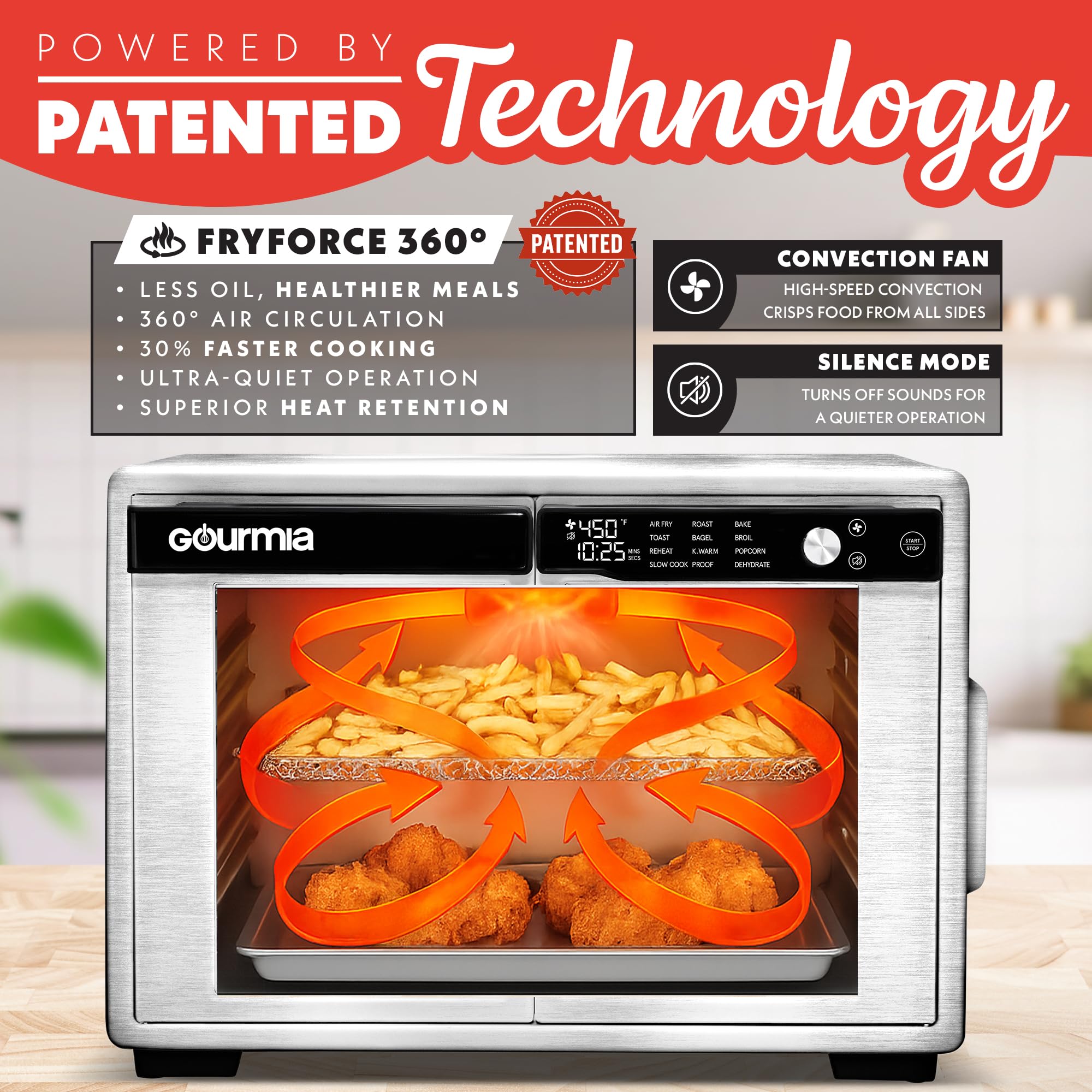 Horno freidora de aire digital Gourmia con puerta francesa - Capacidad XL 37QT, 12 presintonías, tecnología FryForce 360°, deshidratación, prueba, cocción lenta, se adapta a pizza de 13", 1700W, acero inoxidable