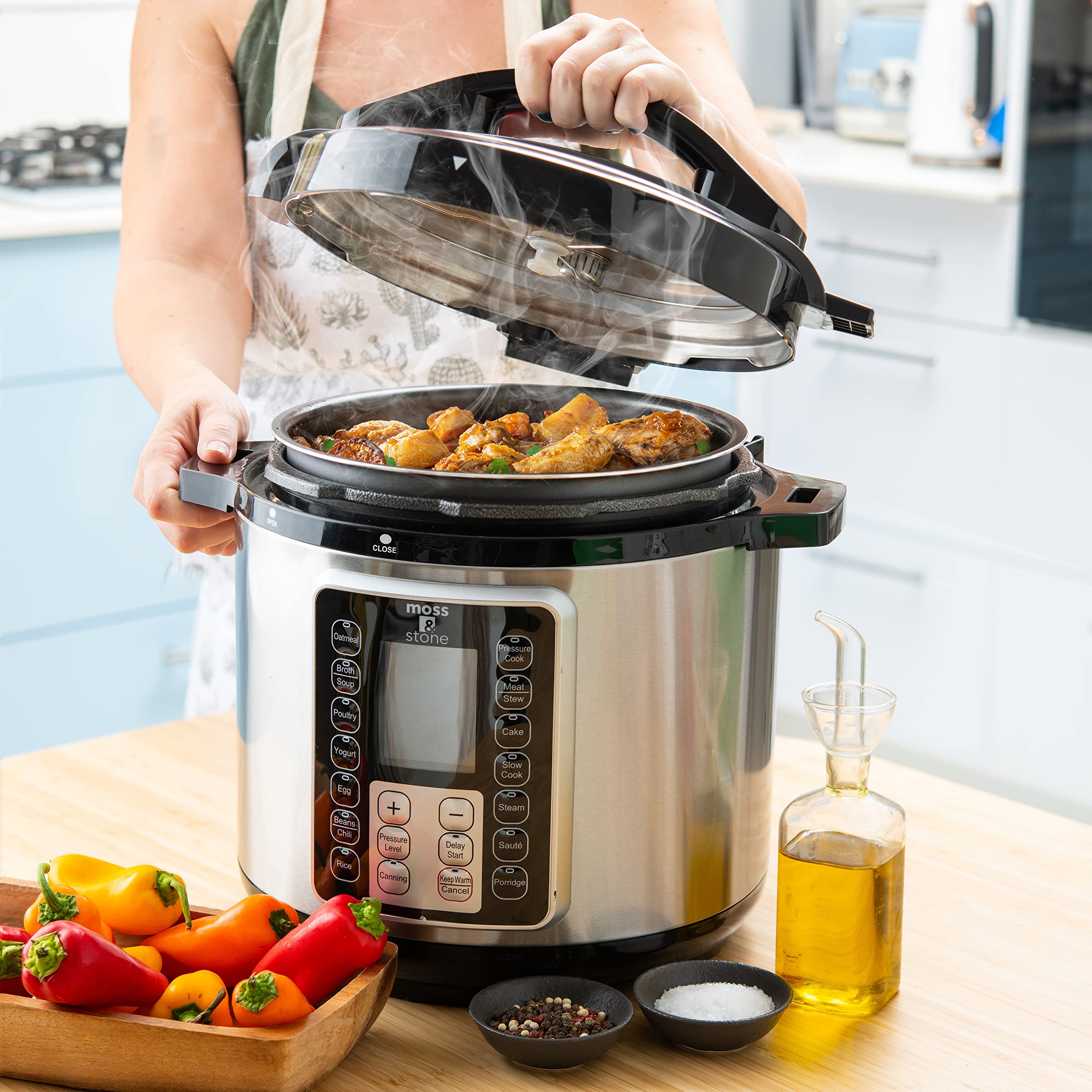 Moss & Stone Electric Pressure Cooker with Large LCD Display, Multi-Use 6 Quart Pot, 14-in-1 Cooker & Maker: Slow, Rice, Steam, Saute, Yogurt, Egg, Warmer