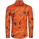 MOHEZ Mens Halloween Shirt Long Sleeve Ugly Pumpkin Casual Button Down Dress Shirts Adult Costume