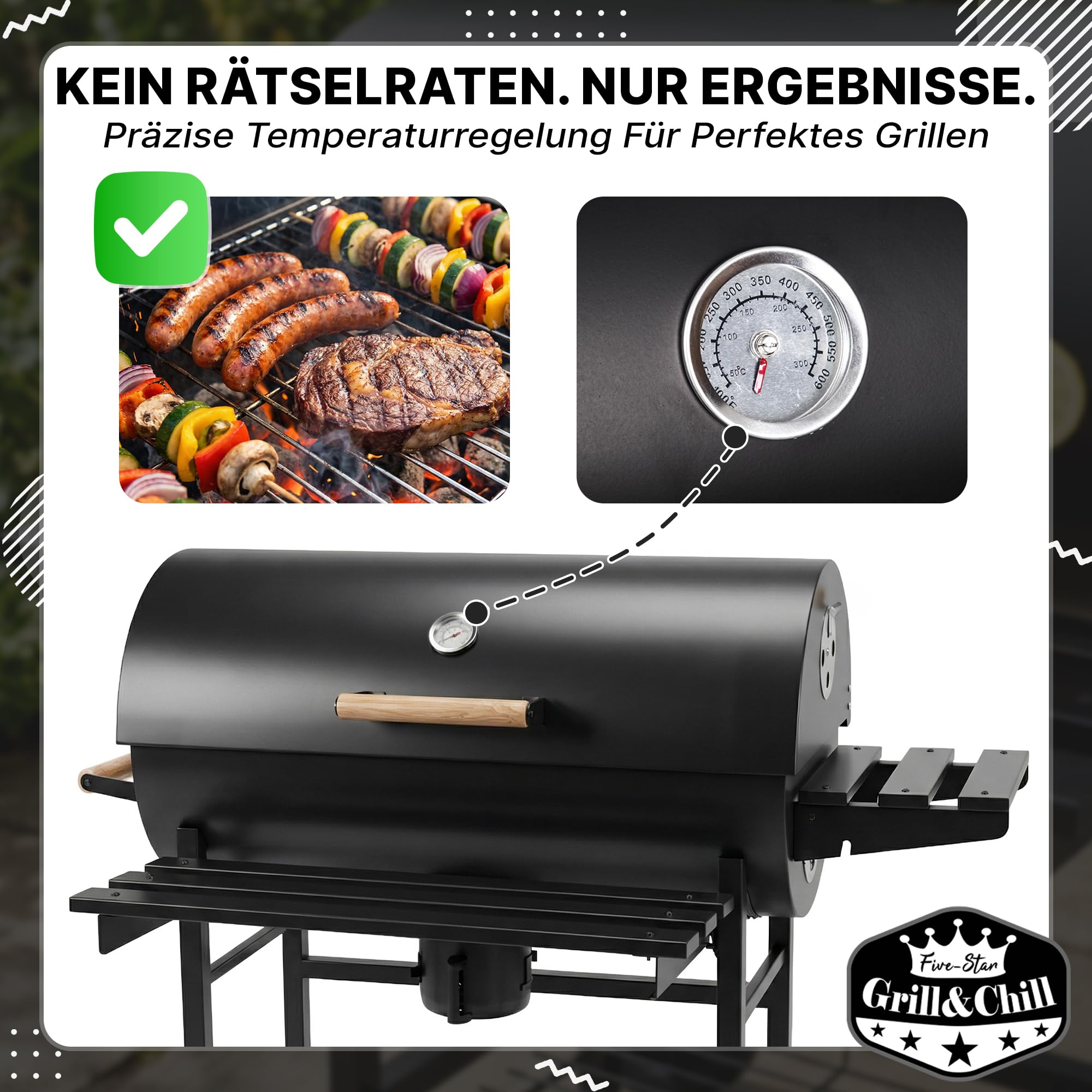 Five-Star Grill&Chill Holzkohlegrill mit Deckel – Großer Grillwagen mit Chromrost 71×35 cm & Thermometer – Für Garten & Terrasse – Aschekasten, Lüftungsöffnungen, 2 Räder 5