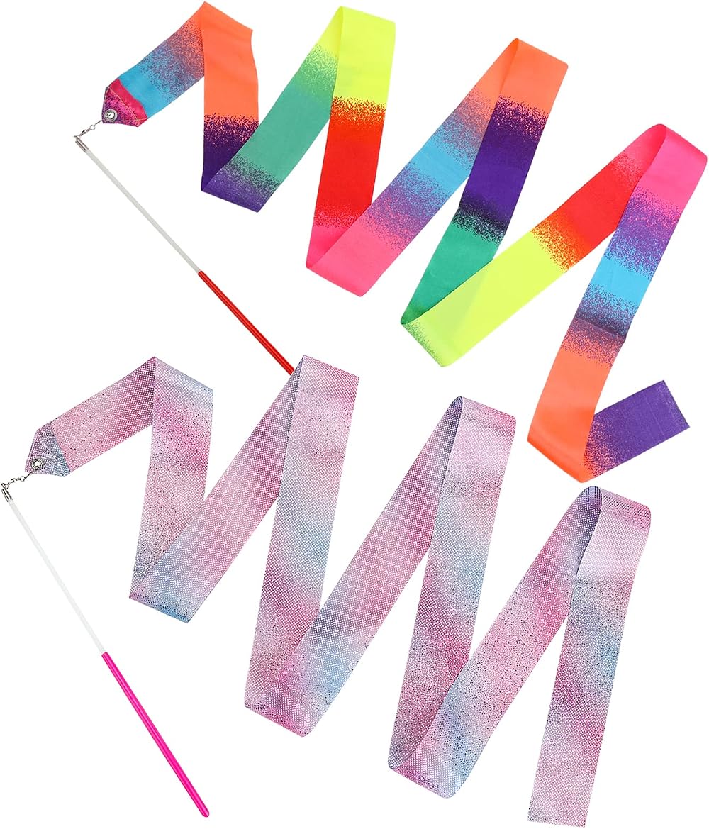 Abeillo 2 Pcs Rhythmic Dance Ribbons 78.7 inch Rainbow Purple Dancer Wand